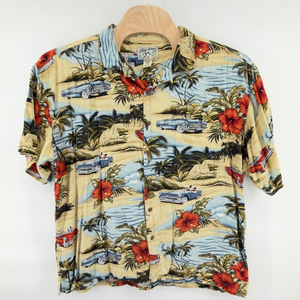 Vintage Big Dogs Mens 3X Yellow Blue Red Green Hawaiian Rayon Classic Cars